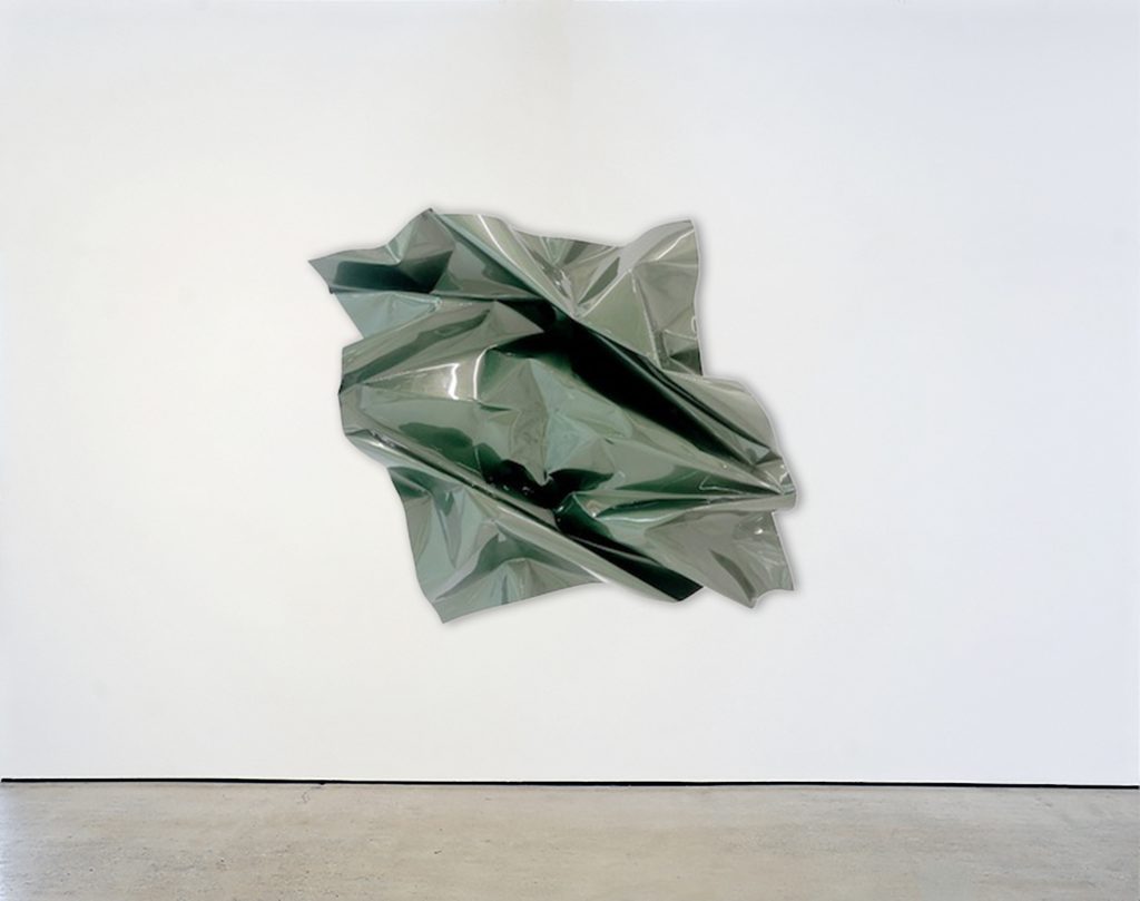 Green, 2022<br>
stainless steel<br>
57.09 x 45.28 x 10 inches (145 x 115 x 25.4 cm)<br>