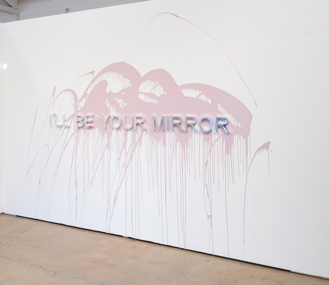 I’ll be your mirror, 2023<br>
mirrored aluminum
with acrylic artist installation<br>
7 x 95 inches (17.78 x 241 cm)<br>
Edition 3 of 3