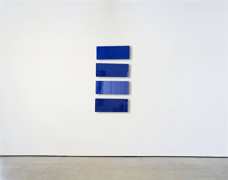 Attitudes, Blue II (set of 4), 2021<br>
automotive paint on wood and laminate<br>
50.5 x 24 x 5 inches<br> (128.3 x 61 x 12.7 cm) Installed<br>
10 x 24 x 5 inches (25.4 x 60.96 x 12.7 cm) Each

