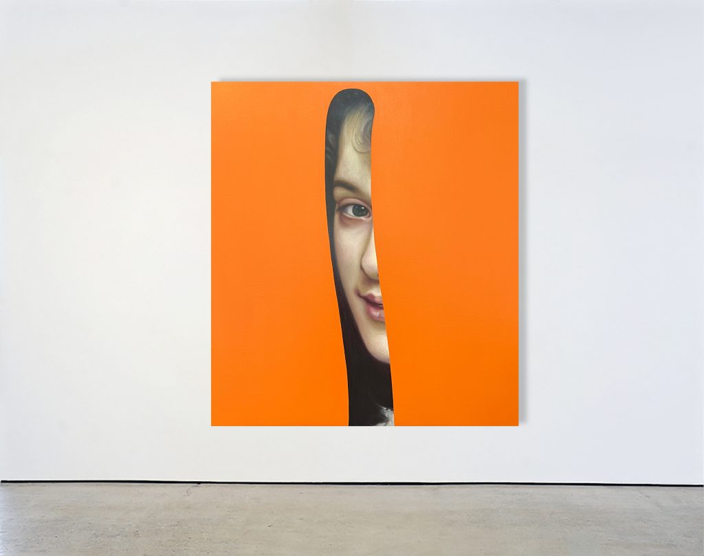 Fake Abstract (Orange on Bouguereau), 2022<br>
oil and acrylic on linen<br>
39.5 x 35.5 inches (100.3 x 90.2 cm)<br>
