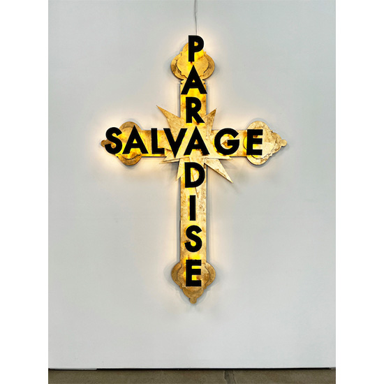 Salvage Paradise (Belgian Cross), 2021<br>
valchromat, MDF wood,<br>
copper and 12v LED lights<br>
82.5 x 57 x 5 in (210 x 145 x 12cm)<br>
Edition 1 of 5