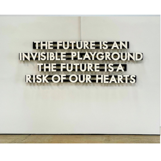The Future Is An Invisible Playground<br>
The Future Is A Risk Of Our Hearts, 2022<br>
Painted Wood (US Red Fir),<br>
recycled PVC and 12v LED lights<br>
110 x 37 x 5 inches (280 x 93 x 12 cm)<br>
Edition 1 of 5