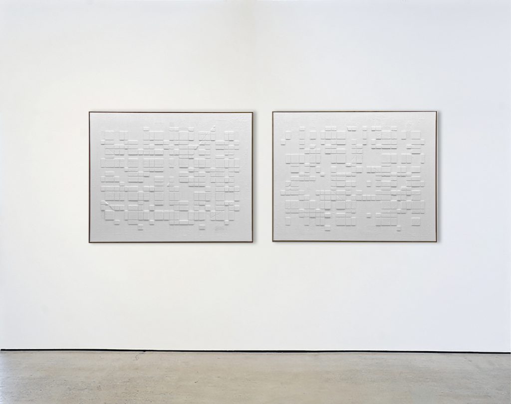 White Conjunction <br>(0331), (0332), 2022<br>
sand, cement, plaster, paint on canvas<br>
31.5 x 80 inches (80 x 200 cm), <br>31.5 x 40 (80 x 100 cm) inches each <br>(2 total) Framed
<br> SOLD