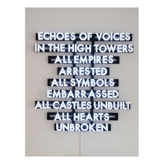Echoes of Voices in the High Tower<br>
2013<br>
oak, polymer and 12 volt LED lights<br>
73 x 69 inches (185 x 175 cm)<br>
Edition 1/4 + 1 AP