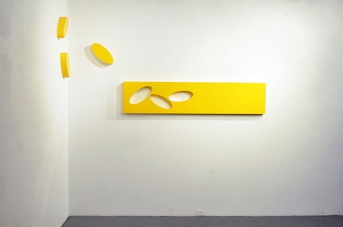 Confide, yellow, <br>
high gloss automotive paint on wood and laminate, Maserati yellow<br>
16 x 72 x 3 inches <br>(40.6 x 782.9 x 7.6 cm)

<br>Available on Demand