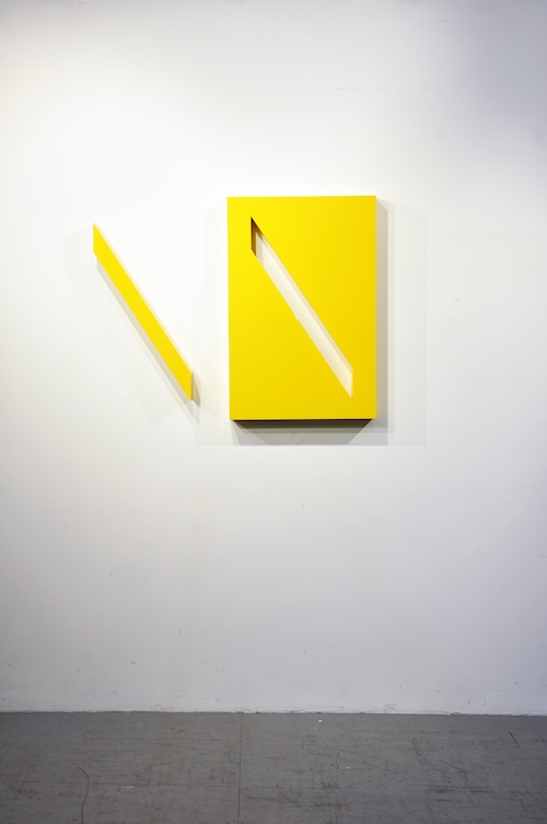 Conviction, yellow<br>
high gloss automotive paint on wood and laminate, Maserati yellow<br>
36 x 24 x 3.5 inches<br> (91.4 x 61 x 8.9 cm)<br>Available on Demand
