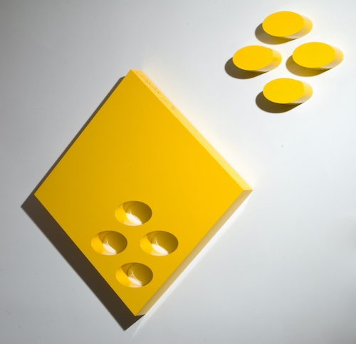 Family, yellow, <br>
high gloss automotive paint on wood and laminate, Maserati yellow<br>
48 x 48 x 3.5 inches<br> (121.9 x 121.9 x 8.9 cm)<br>Available on Demand
