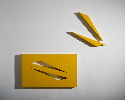 Flight <br>
high gloss automotive paint on wood and laminate, Maserati yellow<br>
29 x 48 x 3 inches<br> (73.7 x 121.9 x 7.6 cm)
<br>Available on Demand