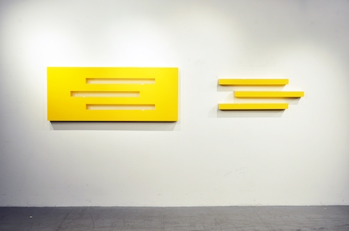 Foundations, yellow <br>
high gloss automotive paint on wood and laminate, Maserati yellow<b>
28 x 68 x 4 inches <br>(71.1 x 172.7 x 10.2 cm) 
<br>Available on Demand