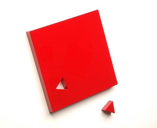 Piece I, red, <br>
high gloss automotive paint on wood and laminate<br>
30 x 30 x 3 inches <br>(76.2 x 76.2 x 7.6 cm)
<br>Available on Demand