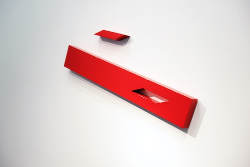 Timeline I <br>
high gloss automotive paint on wood and laminate, Ferrari red<br>
9 x 60 x 3 inches <br>(22.9 x 152.4 x 7.6 cm)<br>Available on Demand
